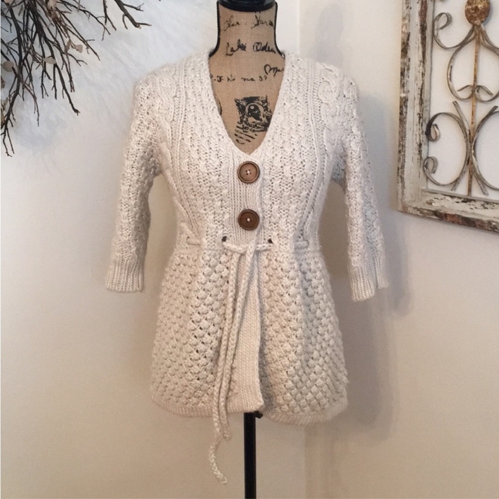 Kenji Cardigan‎ Sweater Women Oatmeal Cream Hand Knit Tie Waist 3/4 Sleeve